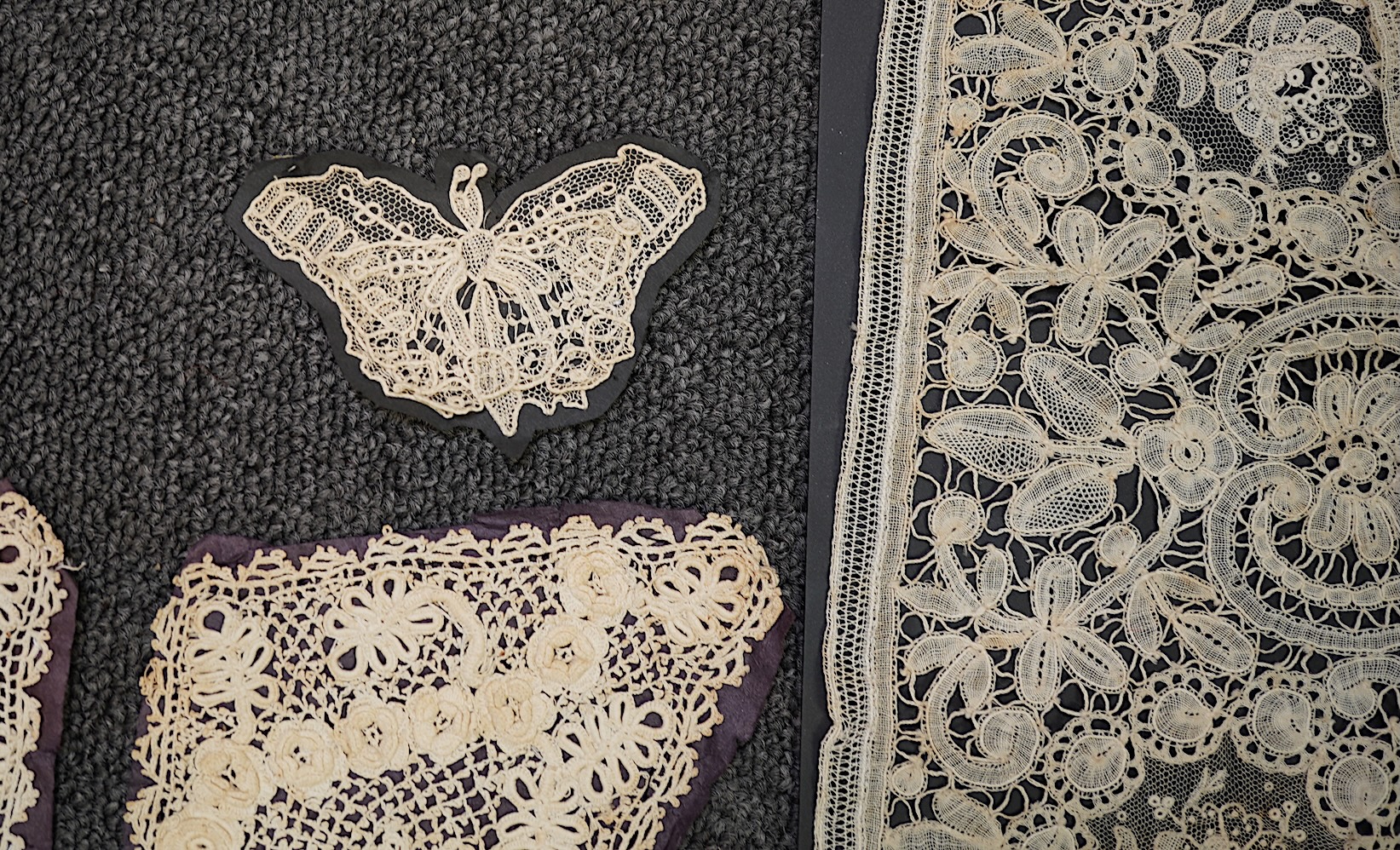 A mixed Brussels bobbin lace and Point de Gaze lace collar, another smaller collar, a similar length of trim and butterfly motif, together with a Brussels bobbin collar and trim, an Irish crochet cuffs, a Valenciennes la